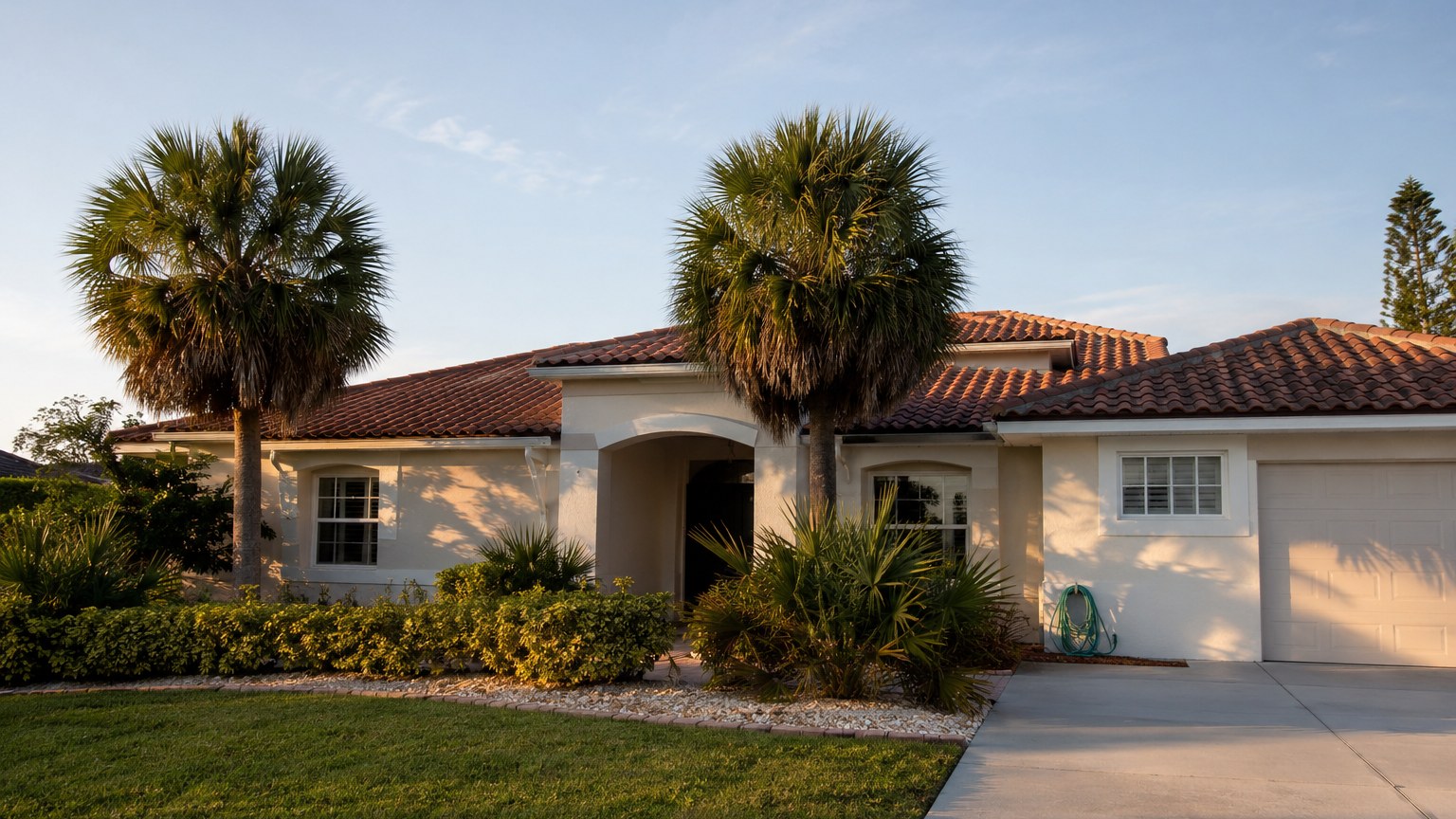 A one-story Florida home with a terracotta tile roof and two sabal palms in the front yard, photographed in late afternoon light.