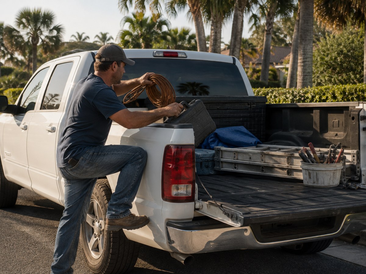 A contractor in a ball cap loading an extension cord and a tool case into the bed of his pickup truck.