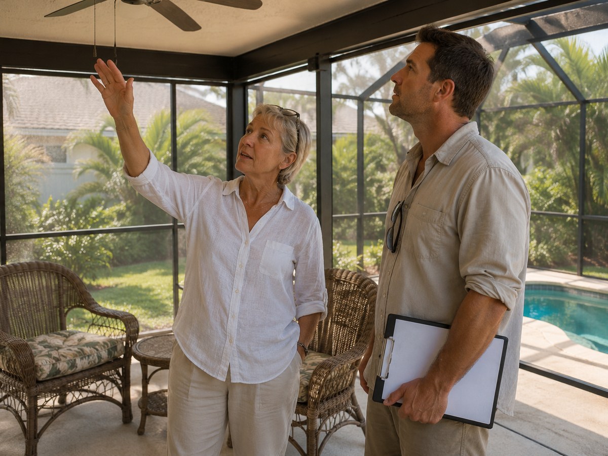 A homeowner in her sixties stands on her screened lanai pointing up at the ceiling while a contractor holding a clipboard listens.