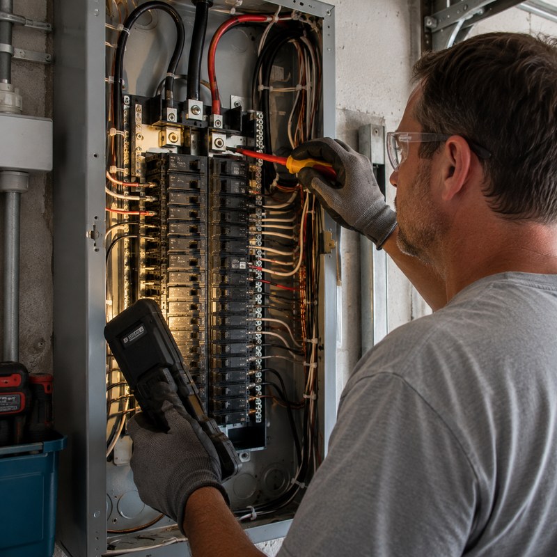 An electrician in safety glasses working inside an open residential breaker panel.