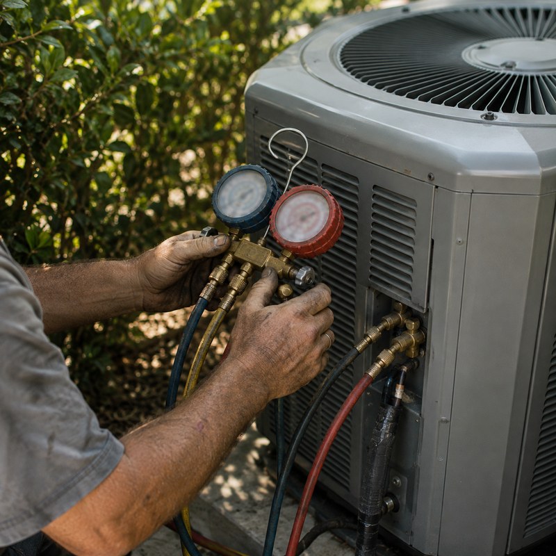 A technician's hands holding a gauge set connected to an outdoor air conditioning condenser.