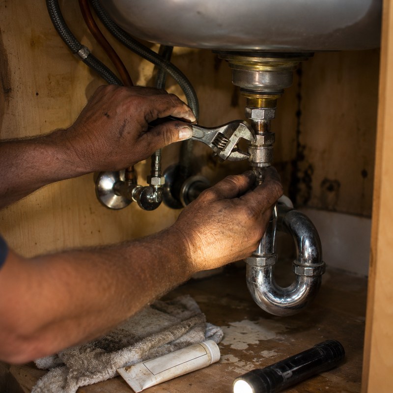 A plumber's hands tightening a fitting on a supply line under a kitchen sink.