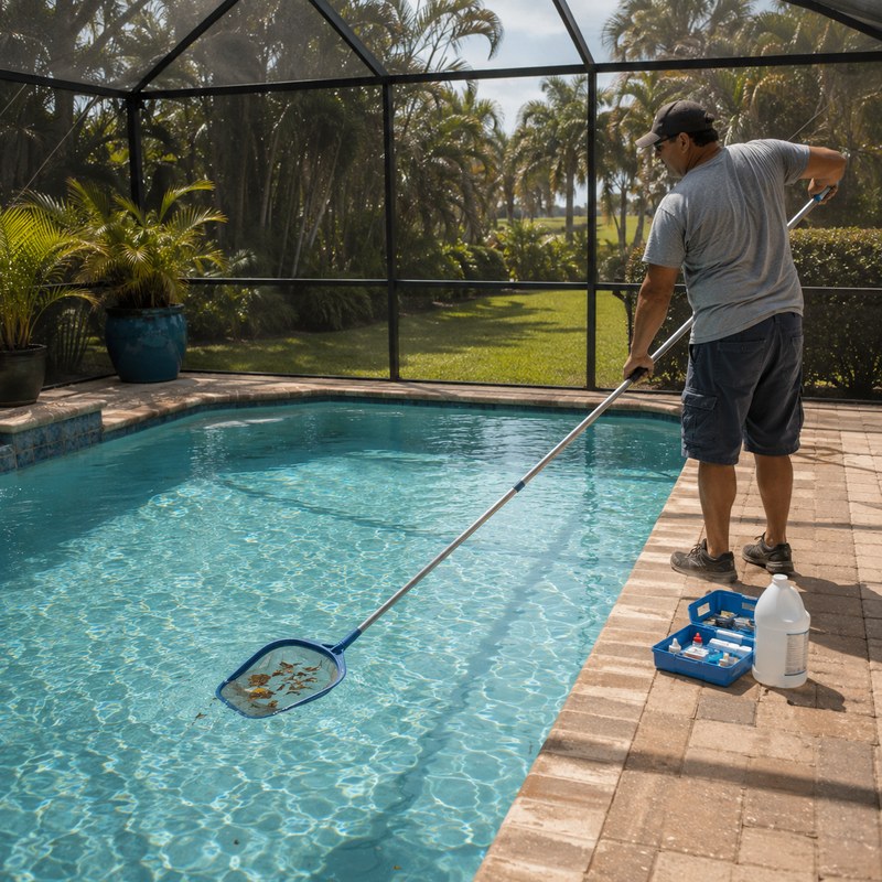 A pool technician skimming the surface of a screened residential pool.
