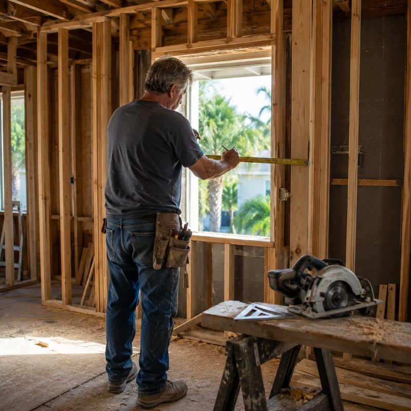 A carpenter measuring in a room framed out to the studs during a remodel.