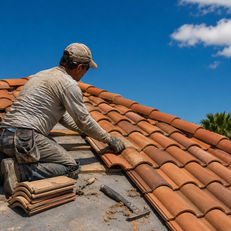 A roofer kneeling on a terracotta tile roof, setting a course of tiles against a blue sky.